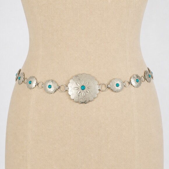 Vintage 80s Southwest Silver Concho Belt Turquoise womens festival boho cowgirl